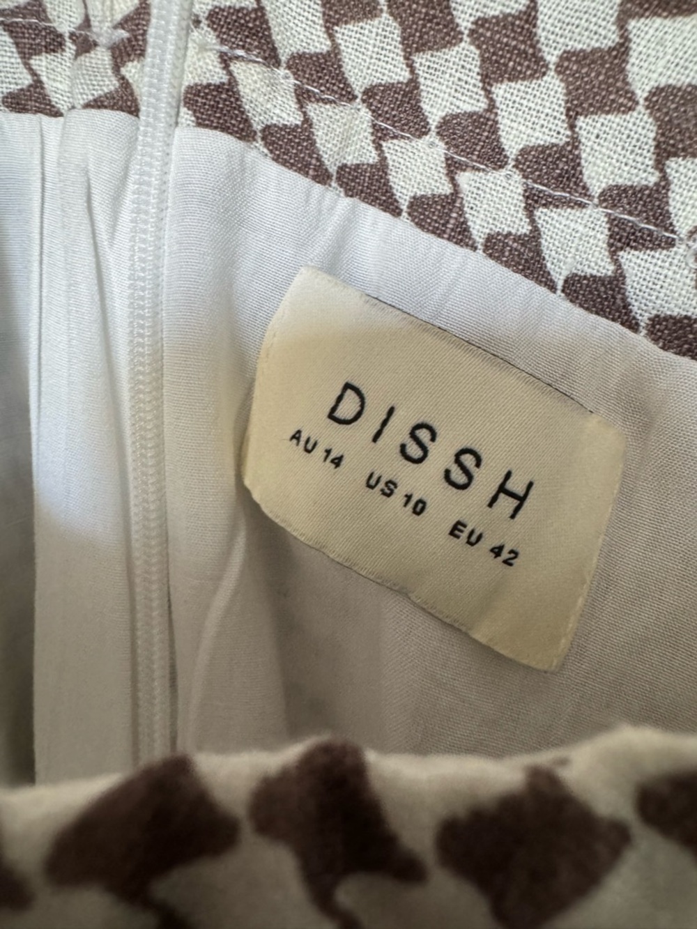 DISSH Strapless Maxi Dress Size 10 Linen Chocolate Geo Bias Cut - Picture 3 of 6